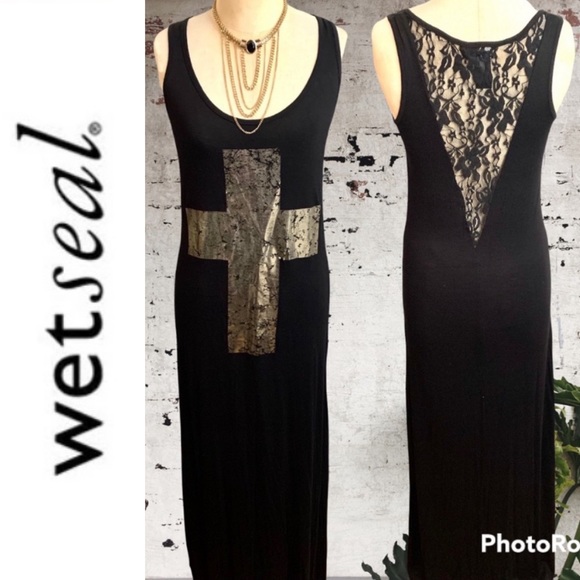 Wet Seal Dresses & Skirts - “Wet Seal” maxi dress with gold foil cross front and lace back- M